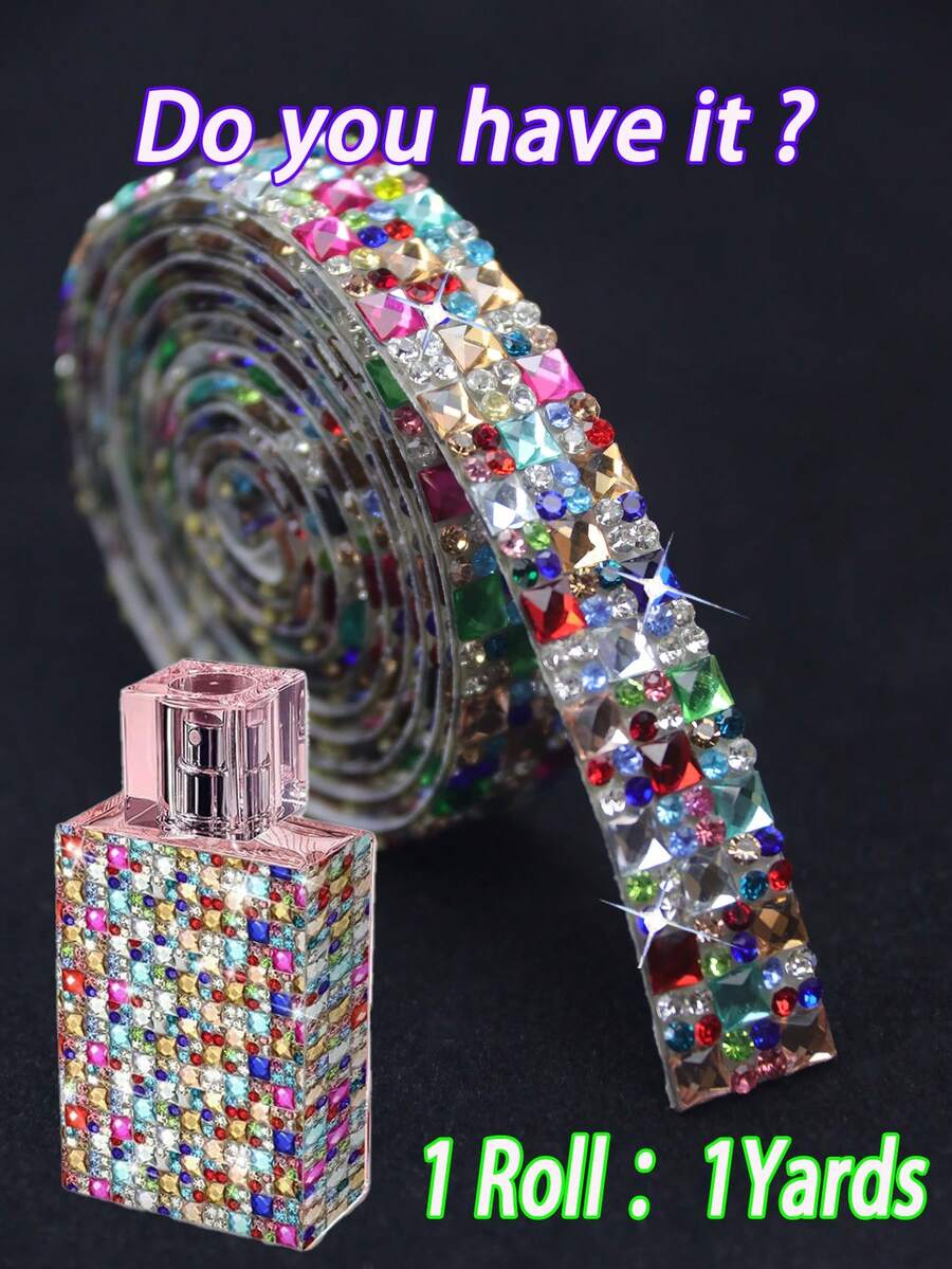 1Yards Glitter Crystal Rhinestone Ribbon, Polychrome Glass Gems Rhinestone Tape For Room Decoration DIY Crafts,Crystal Trim Self Adhesive, Diamond Ribbon Sticker For Sparkling Rhinestones Used For , Fabrics, Cars, Clothing, Bottles, Cakes, Mobile Phones, Birthdays, Wedding Home Decorationdecorations - Multicolor - View 1