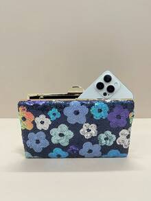 Asymmetrical Floral, Shiny Sequin Flower, Sparkling Elegant Refined Vintage Floral Pattern Clutch Bag, 2025 Evening Bag, Party Girl Night Bag, Suitable For Women, Perfect For Party, Wedding, Prom, Banquet/Gala, Best Gift For Her - Navy Blue - View 5