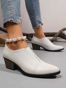 Nouvelles bottes courtes pour femmes, bottes à bout pointu de style coréen, Baskets de mode à talon épais décontracté - Beige - Voir 2