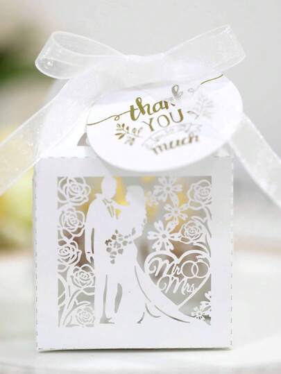 50 piezas/paquete Cajas de regalo de boda con corte láser hueco para Novia y Novio, cajas de embalaje de dulces, chocolate y regalos de compromiso con etiquetas de agradecimiento, cintas y cajas de favor en forma de corazón cuadrado y redondo para decoración del Día de San Valentín