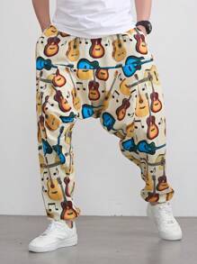 Pantalones harem sueltos de moda con gráfico de guitarra para hombres, uso casual diario, estilo hip hop y rock