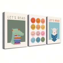 1/3pcs Cartoon Alligator Reading Books Canvas Art Print - Art Deco Modern Retro Style Poster For Home Office, Playroom, Classroom - Wall Decor Illustration For Bedroom, Living Room - Ink Artwork Wall Hanging Decoration Indoor - Whimsical Animal Theme, Optional Frame