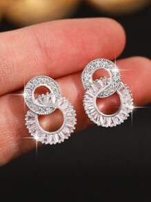 1 Conjunto/3 Peças Elegante Conjunto de Joias Geométricas Brancas Redondas com Pingente de Número Cúbico de Zircônia, Brincos e Colar para Mulheres, Presente de Noivado, Casamento e Festa