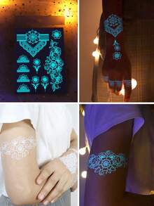 6 Sheets Blue Luminous Tattoo Stickers For Girls, White Lace Lotus Tattoos Mandala Flower Fake Jewelry Pendant Pattern,Glow In The Dark Waterproof Fake Tattoos For Arm Neck Hand Back Finger,Wedding Music Festival Party Supplies - White - View 6