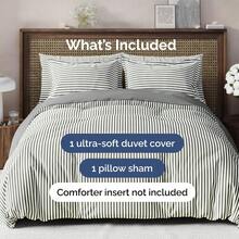 Cover Queen Size Set - Extra Soft Queen Size Duvet Cover 90 X 90 With 2 Pillow Shams - Hotel Luxury Easy Care And Fade Free W/ Zipper Closures & Ties - Breathable Bedding Set (Light Sage Green) - 43 - 灰色條紋 2(無被子) - 查看 2