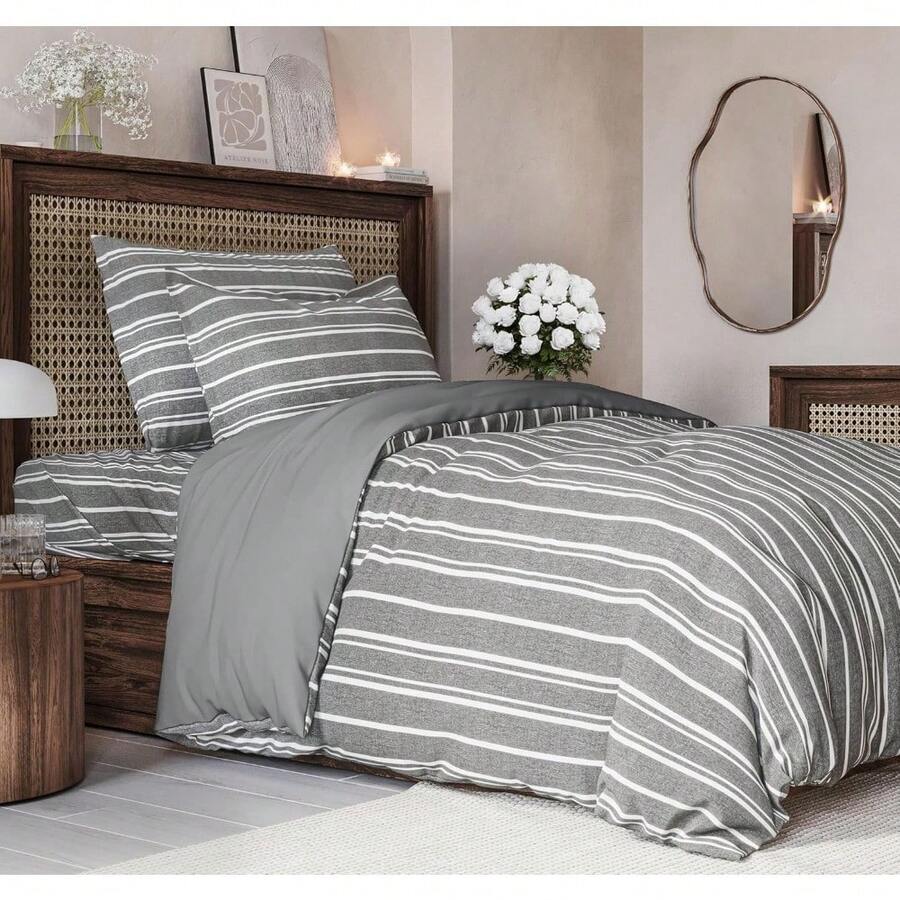 Cover Queen Size Set - Extra Soft Queen Size Duvet Cover 90 X 90 With 2 Pillow Shams - Hotel Luxury Easy Care And Fade Free W/ Zipper Closures & Ties - Breathable Bedding Set (Light Sage Green) - 45 - 灰色條紋 3(無被子) - 查看 1
