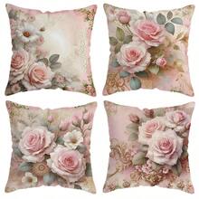 TOPSSCTR 4 件套抱枕套，粉色玫瑰图案设计涤纶枕套，适用于客厅、卧室、沙发、床，柔软单面印花枕套，无填充