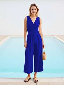 Elegante Mono Sin Mangas De Pierna Ancha De Color Liso Para Mujer Con Cinturón - Azul - Ver 1