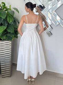 Andrea Bello Damen einfarbiges weißes Spaghettiträger einfaches Lässig Maxikleid - Weiss - Übersicht 4