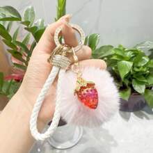 TTOBS 1pc Elegant Braided Leather Keychain With Fluffy Pompom Charm - Durable, Stylish & Versatile Women Key Holder - Multiple Colors, Perfect Car Owner Accessory, Fashionable Gift Idea