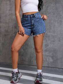 Shorts Denim Desgastado e Lavado, Casual de Verão