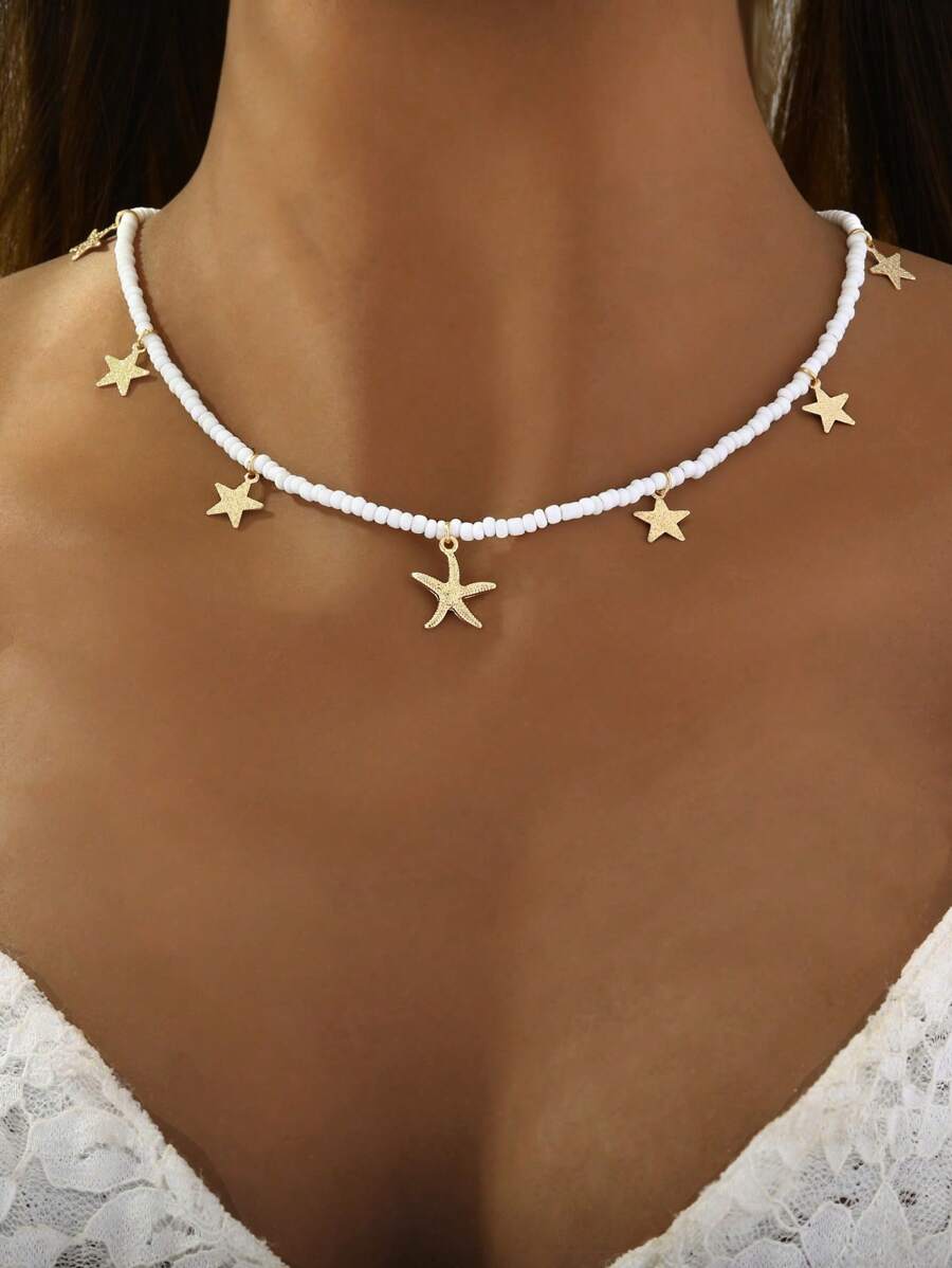 1 pieza Collar estilo océano con estrella de mar y cuentas para mujer, para vacaciones y uso diario
