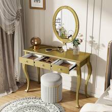 MERAX Luxury Makeup Vanity Desk With Wall-Mounted Oval Mirror, 3-Drawer Dressing Table For Cosmetics Jewelry Storage, Elegant Beauty Station Bedroom Dressing Room Salon Station, Gold - Vàng - Xem 2
