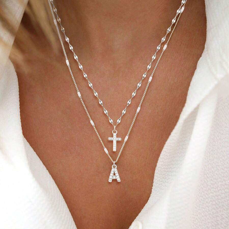 2 件套简约复古密镶锆石字母十字架吊坠银色唇链颈链不锈钢多层项链女款