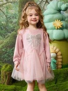 ASK JUNIOR Young Girls' Mesh Patchwork Princess Dress, Girls Round Neck Long Sleeve Mid-Length Dress
