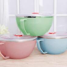 1 pieza Tazón de acero inoxidable con asa, a prueba de óxido con tapa, apto para fideos instantáneos, arroz, sopa, recipiente de almacenamiento de alimentos, bento de cocina doméstica y comedor - Multicolor - Ver 3