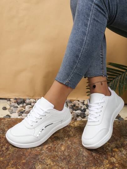 Women's Wide Width Sneakers, Leather Upper With Metallic Striped Trim, Lace Up Front Barefoot Running Shoes For Outdoor Activities