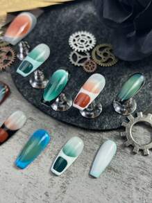 10 Peças de Unhas Postiças Irregulares em Formato de Caixão Médio, Listradas Multicoloridas Estilo Y2K Completamente Cobertas, Estilo Punk Europeu Garota Legal, Pontas de Unhas Estilo Francês Contrastante, Adequado para Meninas e Mulheres, Acompanha 1 Mini Lixa de Unha e 1 Etiqueta Adesiva
