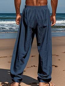 Men Plain Linen Woven Loose Casual Pockets Long Pants, Suitable For Spring/Autumn & Summer, Fall - Navy Blue - View 3