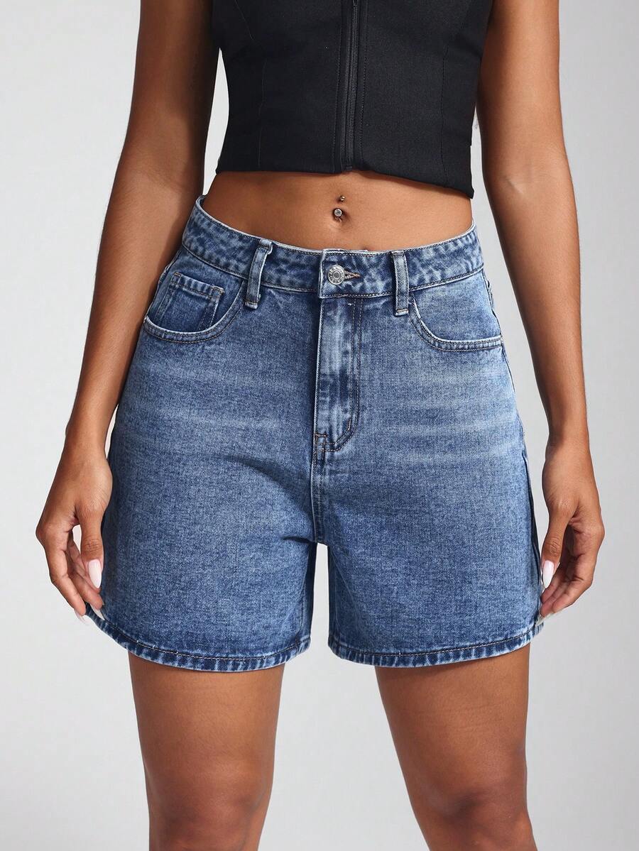 Jeanoix 女式休闲牛仔短裤（带口袋） - 中等水洗藍 - 查看 1