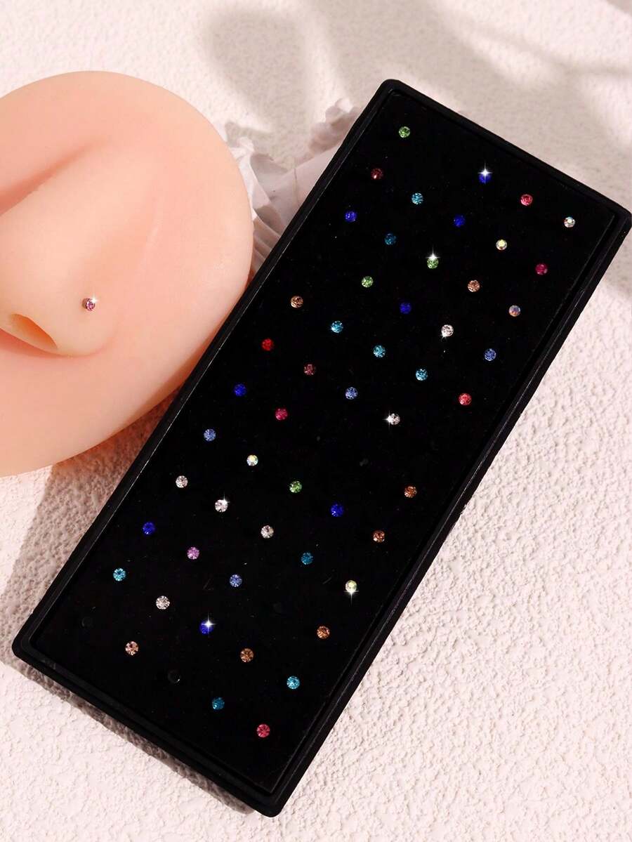 1 套 60 件时尚简约不锈钢水钻鼻钉，百搭配色，男女皆宜，适合日常佩戴、夏季海滩旅行 - 彩色 - 查看 1