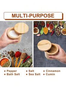 1 Piece Bamboo Salt And Spice Storage Container With Magnetic Swivel Lid And Spoon, Bamboo Organizer Box For Salt, Pepper, Spices, Sugar, 6 Oz