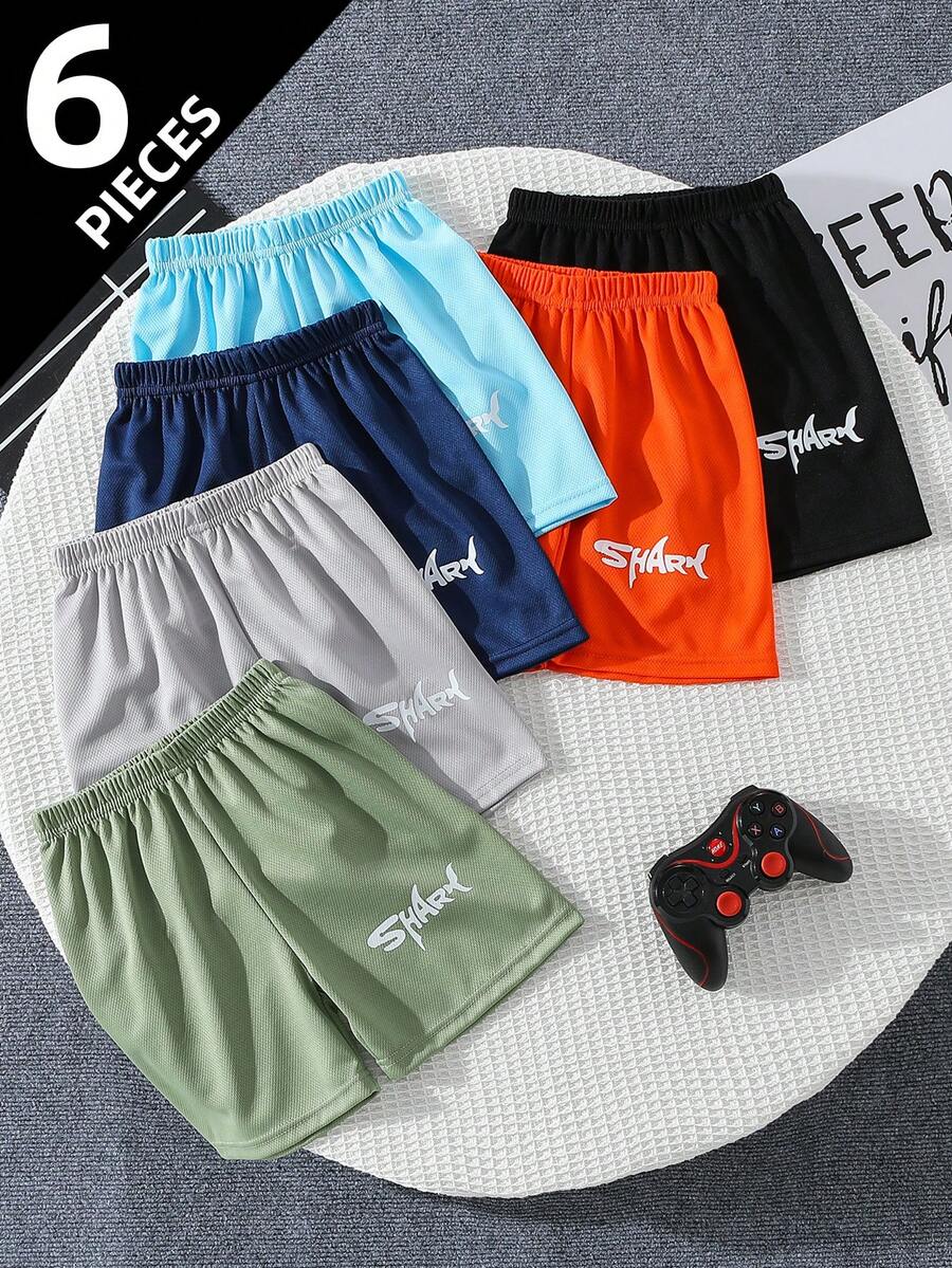 6 件套男童网眼运动短裤,鲨鱼印花轻质户外跑步短裤,宽松版型,适合 4-12 岁 - 彩色 - 查看 1