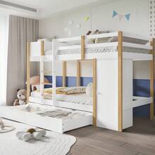 Letto a castello, letto per bambini, letto multifunzionale, 90x200cm, con scaletta a tre gradini, 2 armadietti, 2 cassetti con ruote, pino+MDF, bianco+naturale, senza materasso - Bianco - Visualizzare 2