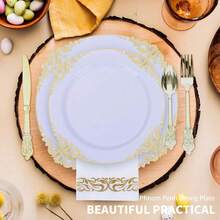 Goldgeprägte Platte, weiße Basis mit goldenem geprägtem Drachenrand, elegantes und luxuriöses Geschirr, geeignet für Geburtstag, Hochzeitsfeier und Weihnachtsessen (in verschiedenen Größen für unterschiedliche Anlässe erhältlich)