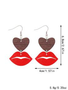 1 Pair Red Acrylic Lip & Wooden Heart Drop Earrings, Fashion Minimalist Daily Matching Jewelry