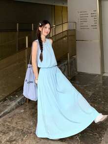 韩版休闲两件套：蓬松背心吊带衫+松紧腰半身裙，优雅 - 藍色 - 查看 6