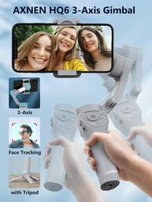 AXNEN HQ6 智能手机云台，三轴手持云台，可折叠便携，具备人脸/物体追踪、补光灯、变焦和防抖功能，兼容 和安卓手机
