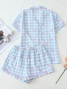 2Pcs Pajama Set For Women - Short Sleeve Top & Shorts | Comfy Lounge Set For Women - Baby Blue - View 2