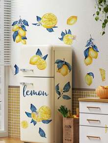 蓝叶和黄柠檬墙贴，水果墙贴适用于酒店、家庭、办公室、卧室、客厅、出租物业，可移除 PVC 材料墙贴房间装饰墙面装饰个性化贴纸