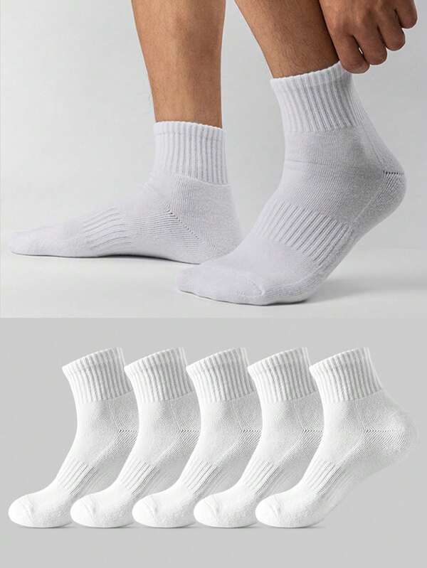 5 Pairs Men's Pure White Crew Socks, Breathable Cotton, Odor Resistant, Summer Sports