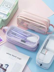 Trousse à crayon de type maille transparente à 2 compartiments, sac de rangement pour maquillage et cosmétiques avec grille et poignée, organisateur transparent pour marqueurs, pour bureau, voyages, étudiant, rentrée scolaire, trousse à crayons, sac scolaire