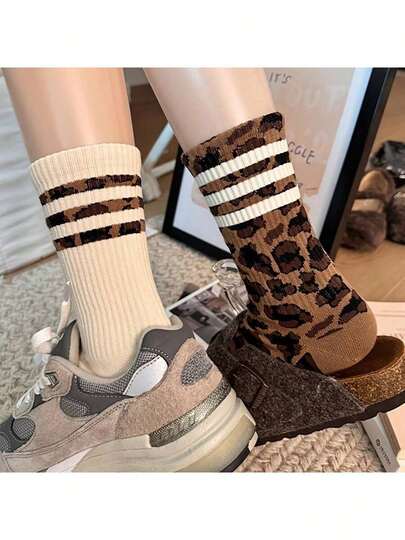 4 Pairs Women's Fashionable Thigh High Socks, Striped, Leopard Print, Comfortable & Soft Sports Socks. Available In 8/10/12/16/20 Pairs