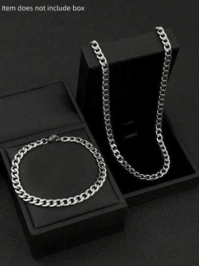 2 Packs Hip Hop Jewelry, 304 Stainless Steel 8mm Cuban Link Necklace And Bracelet, Available In Multiple Size Options