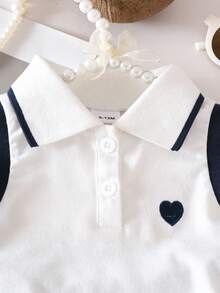 2pcs Infant Girls' Heart Embroidered Polo Collar Sleeveless Top And Elastic Waist Pleated Skirt, Sweet & Cute Street Style Outfit, Elegant & Graceful