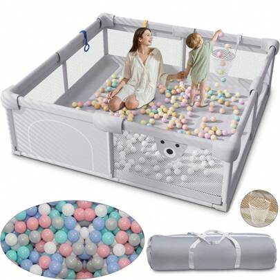 Parc pour Bébés et Jeunes Enfants Extra Large, 150x180x65 cm Parc pour Bébés, 50 Boules de Fosse, Mini Vannerie et 2 Anneaux de Traction, Filet Doux et Respirant, Centre d'Activités pour Enfants