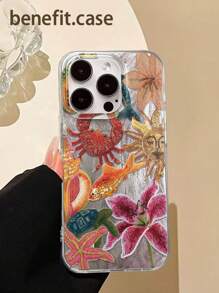1pc Fashionable Painted Floral, Ocean Crab Design New Large Hole Feather TPU+PC Hybrid Gradient Glossy Protective Phone Case Waterproof Shockproof Anti-Fall Scratch Resistant