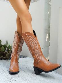 Women's All Season Fashion Embroidered Leather Cowboy Boots, Maillard Brown Pointed Toe Chunky Heel Knee High Boots, Chic Punk Style Chelsea Boots, Outdoor Casual Fashion Riding Boots
