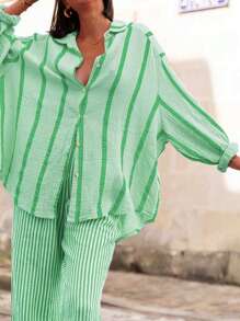 1 pezzo Camicia a maniche lunghe con bottoni e righe, stile casual e comodo, adatto per primavera, estate, autunno, pendolarismo, uso quotidiano, appuntamenti al caffè, feste all'aperto, ritorno a scuola, vacanze