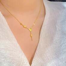 Colar feminino com borla de aço inoxidável 18 borboleta dourada antiga, delicado, versátil, nicho leve, luxuoso, corrente de clavícula - Dourado - Visão 6