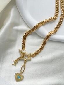 Colar feminino de corrente grossa com trança dupla, fivela de escalada em forma de estrela cravejada de diamantes, pingente de estrela da sorte com 12 signos do zodíaco e pingente de coração. O estilo é lindo, único e moderno, adequado para presentear ou em festivais de música e outros eventos.