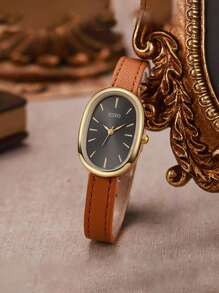 1pc New Stylish Leather Watch Set For Women, Minimalist Small Dial Oval Shaped Casual Ladies Watch, Student Version