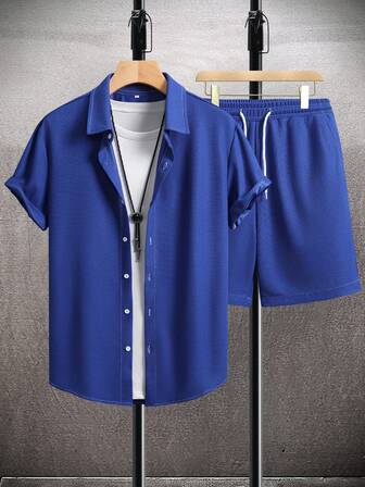 Men Solid Button Up Shirt & Shorts Set, Vacation Plain Husband Casual Clothes