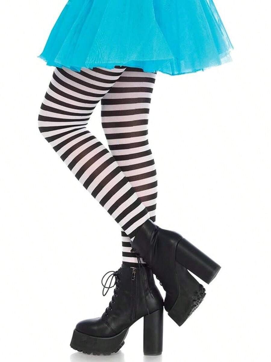 Women's Nylon Striped Tights - 黑色/白色 - 查看 1