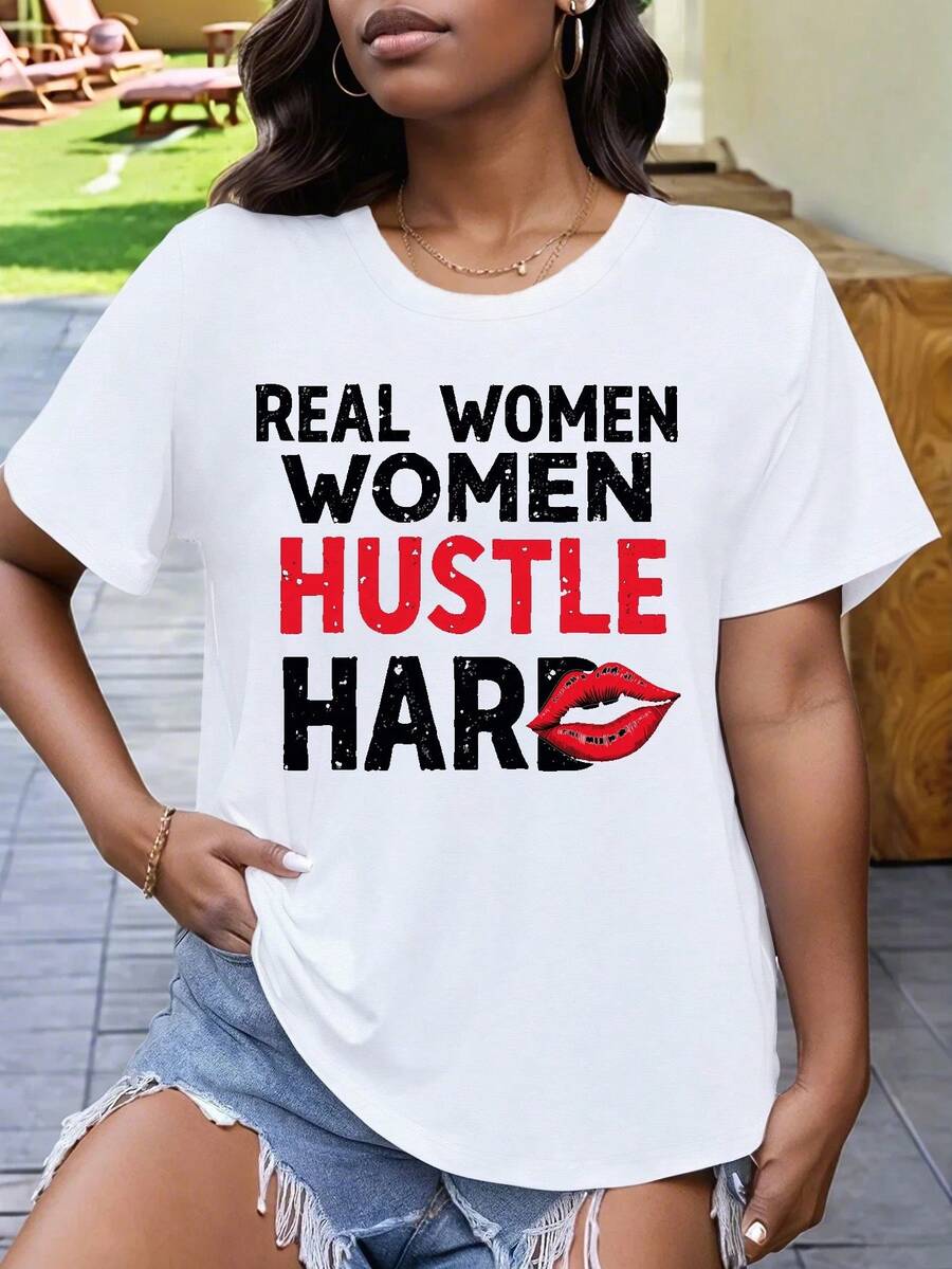 Real Women Hustle Hard Large Size Women's Short-Sleeved T-Shirt (Non-Sports) - White - View 1