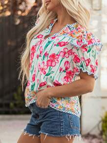 Women's Pink Floral Print Striped Trim Split Neck Short Sleeve Shirts Blouse Boho Summer Tops